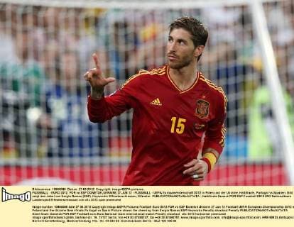 FUSSBALL - EURO 2012, POR vs ESP DONETSK,UKRAINE,27.JUN.12 - FUSSBALL - UEFA Europameisterschaft 2012 in Polen und der Ukraine, Halbfinale, Portugal vs Spanien. Bild zeigt den Jubel von Sergio Ramos (ESP). Keywords: Elfmeterschiessen, Elfmeter. 