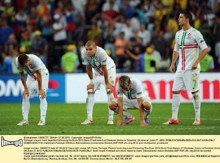 Portugal players look dejected following the Euro 2012 Semi-Final match at Donbass Arena in Donetsk, Ukraine on June 27, 2012.  DON20120627115