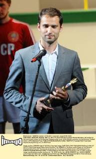 ITAR-TASS: MOSCOW, RUSSIA. MAY 27, 2012. FC Zenit Petersburg player Roman Shirokov, the winner of the most useful player of the Russian Championship prize, at the awards ceremony for the Russian Football Union s (RFU) National Prize.  RE0FF674