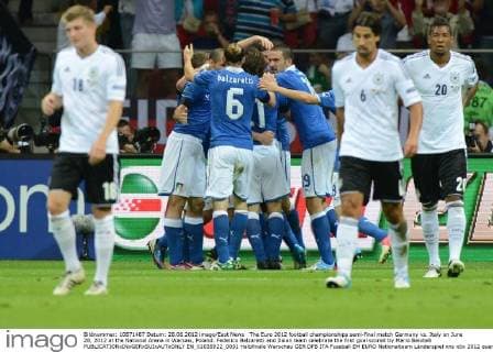 The Euro 2012 football championships semi-final match Germany vs. Italy on June 28, 2012 at the National Arena in Warsaw, Poland. Federico Balzaretti and Ilaian team celebrate the first goal scored by Mario Balotelli  EN_01035922_0031