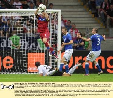 The Euro 2012 football championships semi-final match Germany vs. Italy on June 28, 2012 at the National Arena in Warsaw, Poland. Gianluigi Buffon, Giorgio Chiellini, Mario Gomez and Leonardo Bonucci  EN_01035922_0111