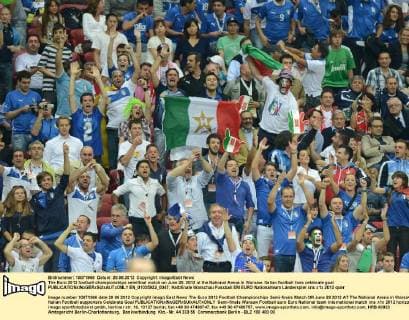 The Euro 2012 football championships semifinal match on June 28, 2012 at the National Arena in Warsaw. Italian football fans celebrate goal  EN_01035922_0047