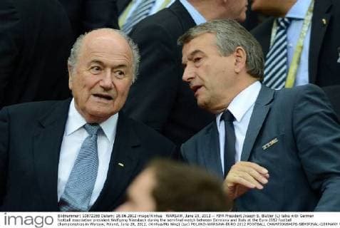 WARSAW, June 28, 2012 -- FIFA President Joseph S. Blatter (L) talks with German football association president Wolfgang Niersbach during the semifinal match between Germany and Italy at the Euro 2012 football championships in Warsaw, Poland, June 28, 2012. (Xinhua Ma Ning) (jyc) POLAND-WARSAW-EURO 2012 FOOTBALL CHAMPIONSHIPS-SEMIFINAL-GERMANY VS ITALY 