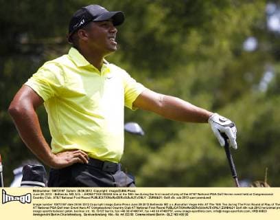 June 28, 2012 - Bethesda, MD, U.S. - JHONATTAN VEGAS hits at the 16th tee during the first round of play of the AT&T National PGA Golf Herren event held at Congressional Country Club. AT&T National First Round - ZUMAb21