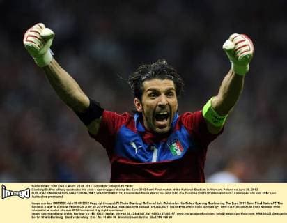 Gianluigi Buffon of Italy celebrates his side s opening goal during the Euro 2012 Semi-Final match at the National Stadium in Warsaw, Poland on June 28, 2012.  WAR20120628110
