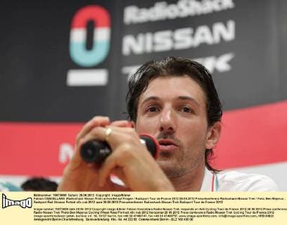 Fabian CANCELLARA (Radioshack Nissan Trek) antwortet auf Fragen Radsport Tour de France 2012 28.06.2012 Pressekonferenz Radioshack-Nissan Trek Foto: Ben Majerus