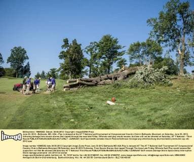 June 30, 2012 - Bethesda, MD, USA - Play is delayed at the AT T National golf tournament at Congressional Country Club in Bethesda, Maryland, on Saturday, June 30, 2012, following damage from severe storms that ripped through the area late Friday. Officials said play would resume, but fans will not be allowed on Saturday. AT T National - Third Round - ZUMAm67