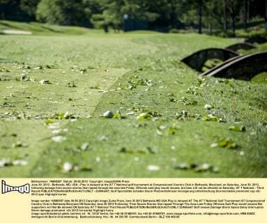 June 30, 2012 - Bethesda, MD, USA - Play is delayed at the AT T National golf tournament at Congressional Country Club in Bethesda, Maryland, on Saturday, June 30, 2012, following damage from severe storms that ripped through the area late Friday. Officials said play would resume, but fans will not be allowed on Saturday. AT T National - Third Round - ZUMAm67