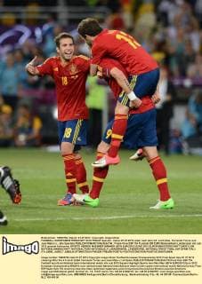 FUSSBALL EUROPAMEISTERSCHAFT 2012 FINALE Spanien - Italien 01.07.2012 Jubel nach dem 4:0: Jordi Alba, Fernando Torres und Juan Mata (v.l., alle Spanien) 