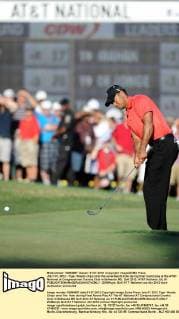 JULY 01, 2012 - Tiger Woods chips onto the seventeenth hole during final round play at the AT&T National at Congressional Country Club in Bethesda MD. Golf 2012: AT&T National JUL 01 - ZUMAcjm