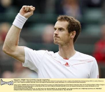 LONDON, July 3, 2012 -- Andy Murray of Great Britain celebrates after the fourth round match of men s singles at the Wimbledon Championships 2012 in London, Britain on July 3, 2012. 