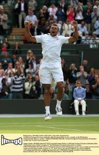 Jo-Wilfried Tsonga of France celebrates after the quarterfinal of men s singles at the Wimbledon Championships 2012 in London - 