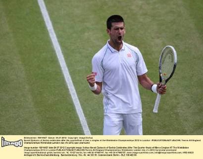 Novak Djokovic of Serbia celebrates after the quarterfinal of men s singles at the Wimbledon Championships 2012 in London - 