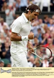 LONDON, July 6, 2012 - -- Roger Federer of Switzerland celebrates during the men s singles semifinal at the Wimbledon Championships tennis tournament 2012 in London, Britain, on July 6, 2012. 