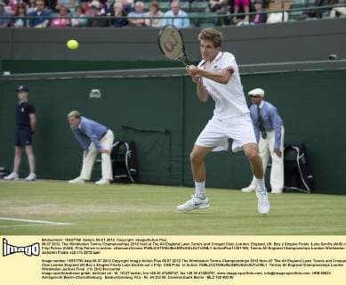 08.07.2012. The Wimbledon Tennis Championships 2012 held at The All England Lawn Tennis and Croquet Club, London, England, UK. Boy s Singles Finals. Luke Saville (AUS) v Filip Peliwo (CAN). Filip Peliwo in action. xDuncanxGrovex  ActionPlus11301195