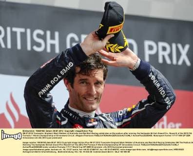08.07.2012 Towcester, England. Mark Webber of Australia and Red Bull Racing celebrates on the podium after winning the Santander British Grand Prix, Round 9 of the 2012 FIA Formula 1 World Championship at Silverstone Circuit. xRoganxThomsonx  ActionPlus20255450