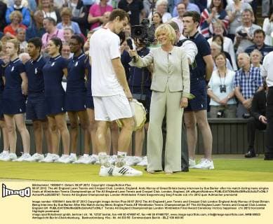 08.07.2012. The All England Lawn Tennis and Croquet Club. London, England. Andy Murray of Great Britain being interview by Sue Barker after his match during mens singles finals at Wimbledon Tennis Championships at The All England Lawn Tennis and Croquet Club. London, England, UK xNigelxWaldronx  ActionPlus20255767