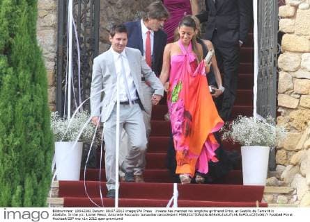 Iniesta has married his longtime girlfriend Ortiz, at Castillo de Tamarit in Altafulla. In the pic: Lionel Messi, Antonella Roccuzzo JomaxGarciaxixGisbert 
