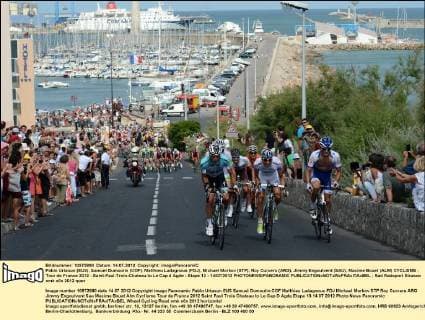 Pablo Urtasun (EUS), Samuel Dumoulin (COF), Matthieu Ladagnous (FDJ), Michael Morkov (STP), Roy Curvers (ARG), Jimmy Engoulvent (SAU), Maxime Bouet (ALM) CYCLISME : Tour de France 2012 - Saint-Paul-Trois-Chateau to Le Cap d Agde - Etape 13 - 14 07 2012 PHOTONEWS PANORAMIC 