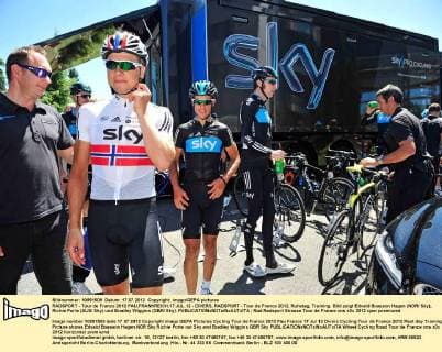RADSPORT - Tour de France 2012 PAU,FRANKREICH,17.JUL.12 - DIVERS, RADSPORT - Tour de France 2012, Ruhetag, Training. Bild zeigt Edvald Boasson Hagen (NOR Sky), Richie Porte (AUS Sky) und Bradley Wiggins (GBR Sky). 