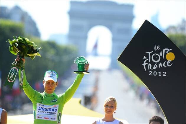 PARIS - JULY 22: Sieger der Sprintwertung Peter Sagan (Svk) of Liquigas Cannondale Team pictured during the podium ceremony if the Tour de France 2012 on July 22, 2012 in Paris, France CYCLISME : Tour de France 2012 - Rambouillet Paris - Etape 20 - 22 07 2012 PHOTONEWS Panoramic 
