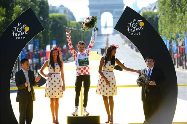 PARIS - JULY 22: Sieger der Bergwertung Thomas Voeckler (Fra) of Team Europcar pictured during the podium ceremony if the Tour de France 2012 on July 22, 2012 in Paris, France CYCLISME : Tour de France 2012 - Rambouillet Paris - Etape 20 - 22 07 2012 PHOTONEWS Panoramic 