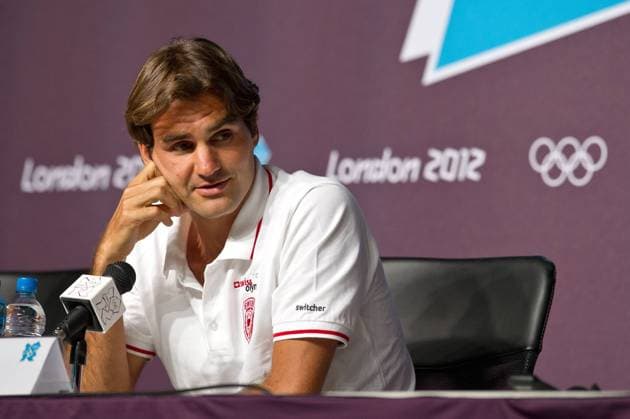 Tennisspieler Roger FEDERER (SUI) Offizielle Pressekonferenz des NOC der Schweiz im Main Press Center am 26.07.2012. Olympische Sommerspiele London 2012. -- Olympic Summer Games London 2012,