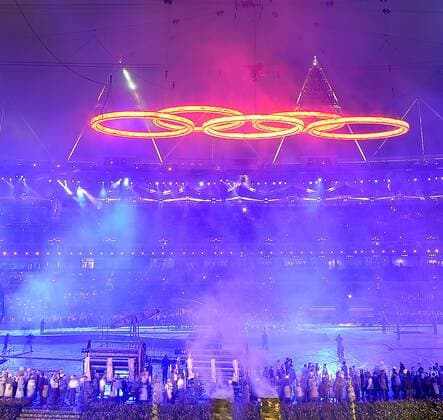 July 27, 2012 - London, GBR - Freshly minted Olympic rings come together during the Opening Ceremony for the London 2012 Summer Olympic Games at the Olympic Stadium in London, England, Friday, July 27, 2012. 2012 Summer Olympics Opening Ceremony - ZUMAm67