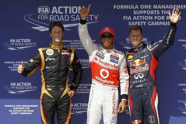 Motorsports: FIA Formula One World Championship 2012, Grand Prix of Hungary, 10 Romain Grosjean (FRA, Lotus F1 Team), 4 Lewis Hamilton (GBR, Vodafone McLaren Mercedes) - Pole Position, 1 Sebastian Vettel (GER, Red Bull Racing), xHOCHxZWEIx