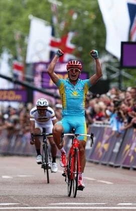 LONDON, July 28, 2012 - Alexandr Vinokurov of Kazakhstan celebrates after competing in the men s road race event of cycling at the London 2012 Olympic Games in London, Britain, July 28, 2012. Alexandr Vinokurov claimed the title in this event with 5:45:57. 