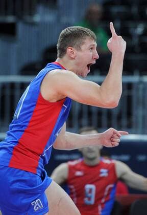 ITAR-TASS: LONDON, UK. JULY 29, 2012. Russia s Alexei Obmochaev reacts during a preliminary round group B men s volleyball match against Germany at London 2012 Summer Olympic Games, at Earls Court. Russia won the game 3:0.  RE1042E9