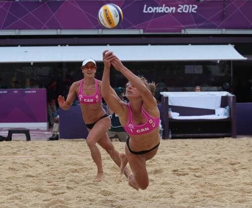 Canada s Annie Martin dives for the ball watched by teammate Marie-Andre Lessard in the Women s Beach Volleyball match against Great Britain at the London 2012 Summer Olympics on July 29, 2012 in London.  OLY20120729614