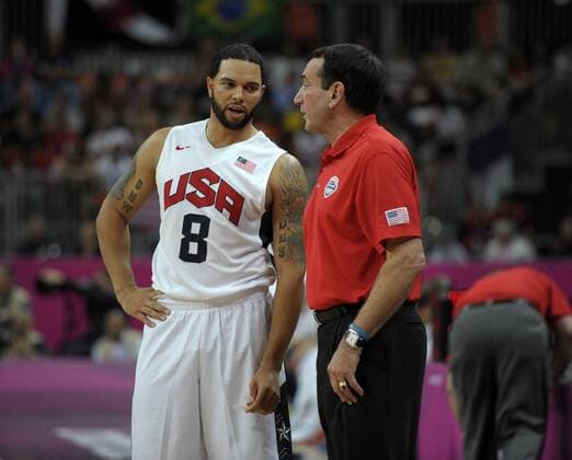 29.07.2012, Olympische Sommerspiele 2012 in London, Basketball in der Basketball Arena, USA - Frankreich, Headcoach Michael Krzyzewski (re, USA) mit Deron Williams (li, USA)..