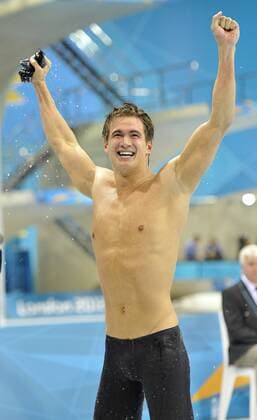 Nathan Adrian of the United States reacts after winning a Gold Medal in the Men s 100M Freestyle Final at the London 2012 Summer Olympics on August 1, 2012 in Stratford, London. Adrian finished with a time of 47:52 in the final.  OLY20120801415