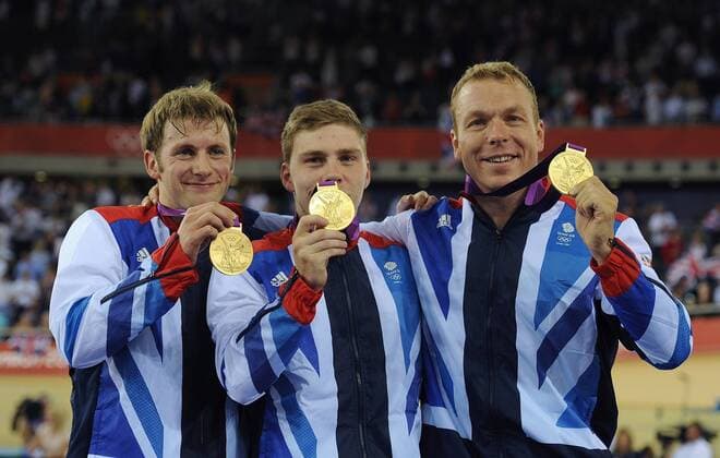 Olympics - London 2012 - Track Cycling Philip Hindes, Jeson Kenny and Sir Chris Hoy (GBR) celebrate winning gold in the Men s Team Sprint (Teamsprint) at the Olympic Velodrome, London 