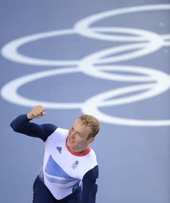 LONDON, Aug. 2, 2012 - Chris Hoy of Britain celebrates after Men s Team Sprint (Teamsprint) competition of cycling track event, at London 2012 Olympic Games in London, Britain, August 2, 2012. The British team won gold medal and set a new world record with 42.600. LONDON-CYCLING TRACK-Men s Team Sprint (Teamsprint) -GOLD 