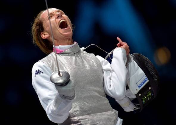 LONDON, Aug. 2, 2012 - Valentina Vezzali of Italy celebrates after women s team foil final match of Fencing event between Italy and Russia at London 2012 Olympic Games in London, Britain, August 2, 2012. The Italian team won the match and claimed the gold medal of the event. (Xinhua Chen Xiaowei) (OLY2012)BRITAIN-LONDON-FENCING-WOMEN S TEAM FOIL 