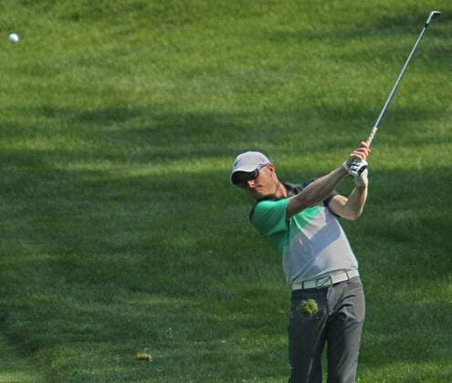 Aug. 3, 2012 - Akron, OH, USA - Simon Dyson hits his second shot from the rough on the 10th hole during second-round play at the 2012 WGC-Bridgestone Invitational at Firestone Country Club on Friday, August 3, 2012, in Akron, Ohio. 2012 WGC-Bridgestone Invitational - ZUMAm67