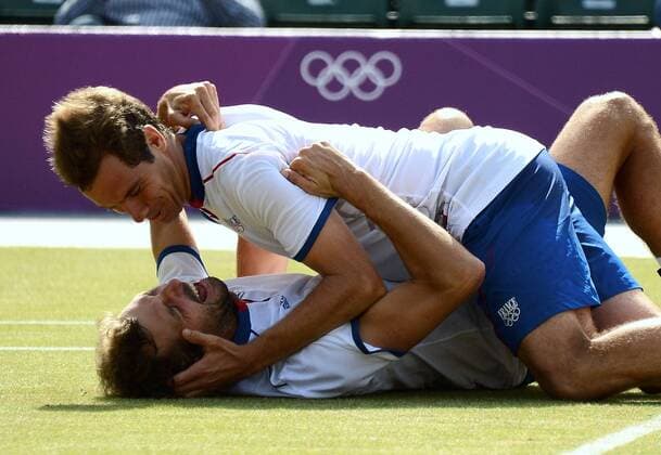 Richard GASQUET Julien BENNETEAU (fra) bejubeln Platz 3 Doppel Herren TENNIS : Olympia 2012 - 04 08 2012 xAnthonyxBIBARDxFEPx 
