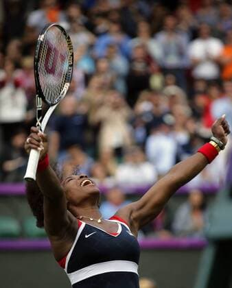 Aug. 4, 2012 - London, England, United Kingdom - After winning match point, SERENA WILLIAMS celebrates after becoming only the second woman to complete a career Golden Slam when she won her first Olympic singles goldmedal Saturday Olympics 2012 - Tennis - Williams Wins Women s Singles - ZUMAm42