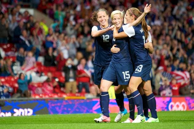 06.08.2012 Manchester, England. United States, (USA) Team USA midfielder Megan Rapinoe celebrates her goal during the women s semi final match between Team USA and Canada at Old Trafford. USA scored a late injury time winner to go through to the gold medal match by a score of 4-3. x  ActionPlus20182261