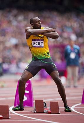 London, 07.08.2012, Olympische Sommerspiele Usain Bolt (Jamaica) jubelt vor dem 200m Vorlauf der Männer
