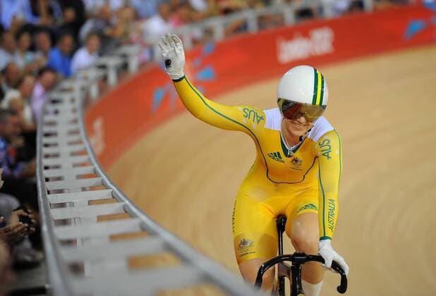 Olympics - London 2012 - Track Cycling Anna Mears (AUS) celebrates winning Gold in the Women s Individual Sprint at the Olympic Stadium, London 