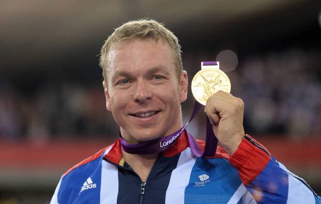 Great Britain s Chris Hoy holds his goldmedal after victory in the Men s Keirin event at the Velodrome at the London 2012 Summer Olympics on August 7, 2012 in London.  OLY20120807622