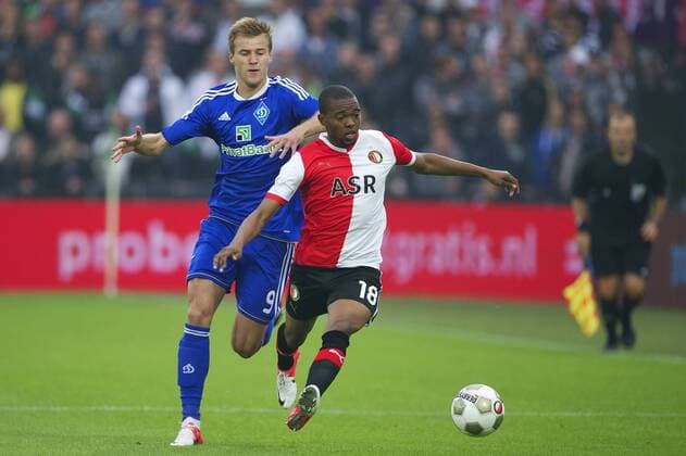 (L-R) Andriy Yarmolenko of Dynamo Kiev,Miquel Nelom of Feyenoord Feyenoord Rotterdam vs Dynamo Kiev. UEFA Champions League Third Round Qualifier 2012 2013 xVIxWillemxJanxDijkdrentxIVx 1079791