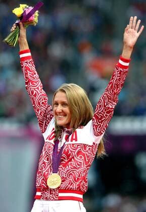 United Kingdom. London. 07 aug. 2012. Summer Olympic Games. Olympic Stadium. Athletics. Woman s 3000m Steeplechase. Award ceremony. ZARIPOVA Yuliya (RUS) - Olympic Champion. 