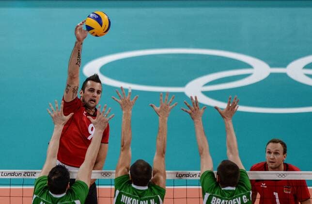 LONDON, Aug. 8, 2012 - Gyorgy Grozer of Germany spikes the ball during the quarterfinal match of men s volleyball against Bulgaria at London 2012 Olympic Games, London, Britain, Aug. 8, 2012. (Xinhua Yang Lei) (OLY2012)BRITAIN-LONDON-VOLLEYBALL-GERMANY VS BULGARIA 