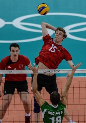 LONDON, Aug. 8, 2012 - Max Gunthor of Germany spikes the ball during the quarterfinal match of men s volleyball against Bulgaria at London 2012 Olympic Games, London, Britain, Aug. 8, 2012. (Xinhua Yang Lei) (OLY2012)BRITAIN-LONDON-VOLLEYBALL-GERMANY VS BULGARIA 