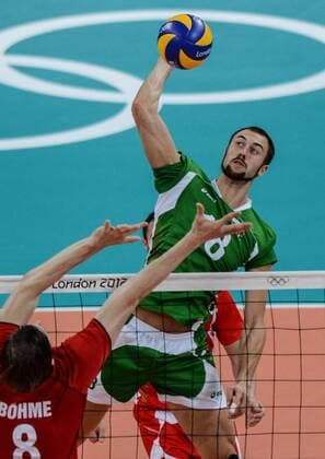 LONDON, Aug. 8, 2012 - Nikolay Nikolov of Bulgaria spikes the ball during the quarterfinal match of men s volleyball against Germany at London 2012 Olympic Games, London, Britain, Aug. 8, 2012. (Xinhua Yang Lei) (OLY2012)BRITAIN-LONDON-VOLLEYBALL-GERMANY VS BULGARIA 