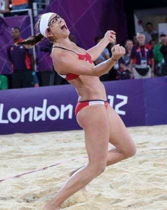 America s Misty May-Treanor celebrates victory over her fellow countrymen in the Women s Beach Volleyball gold medal match in Horseguards Parade at the London 2012 Summer Olympics on August 8, 2012 in London.  OLY20120808617